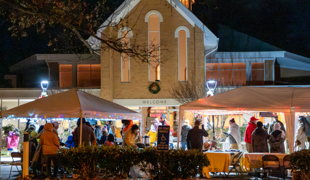 Picture of St. Stephen's UMC with Walk to Bethlehem set up in front of the church