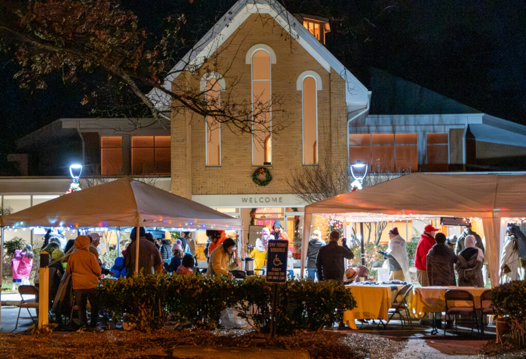 Picture of St. Stephen's UMC with Walk to Bethlehem set up in front of the church