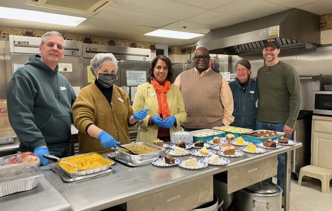People in kitchen volunteering for hypothermia shelter
