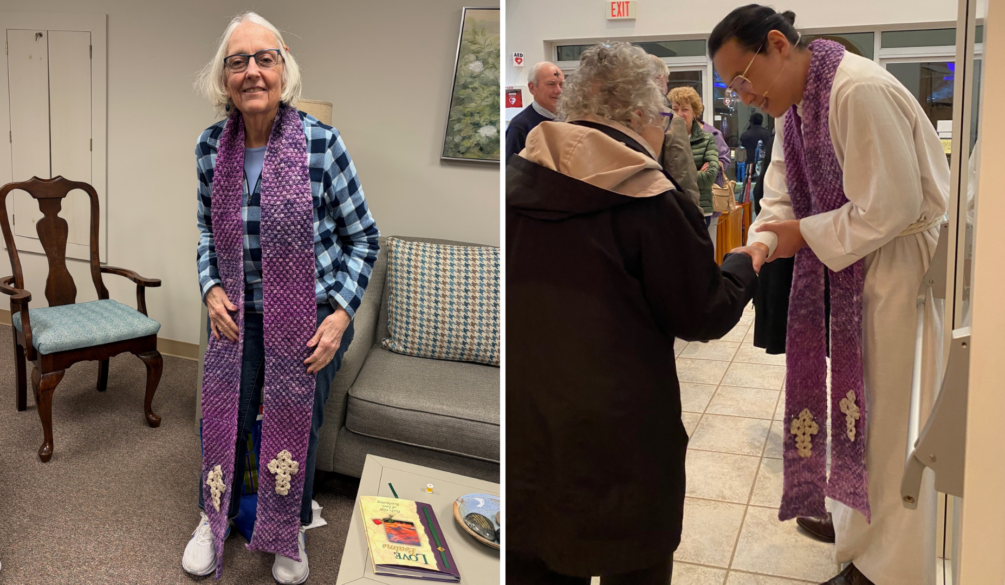 Purple stole on Judy and Pastor Minoo