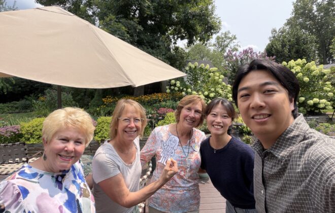 Pastor Paula's backyard with Patti, Nancy, Eunkyung, and Sunu