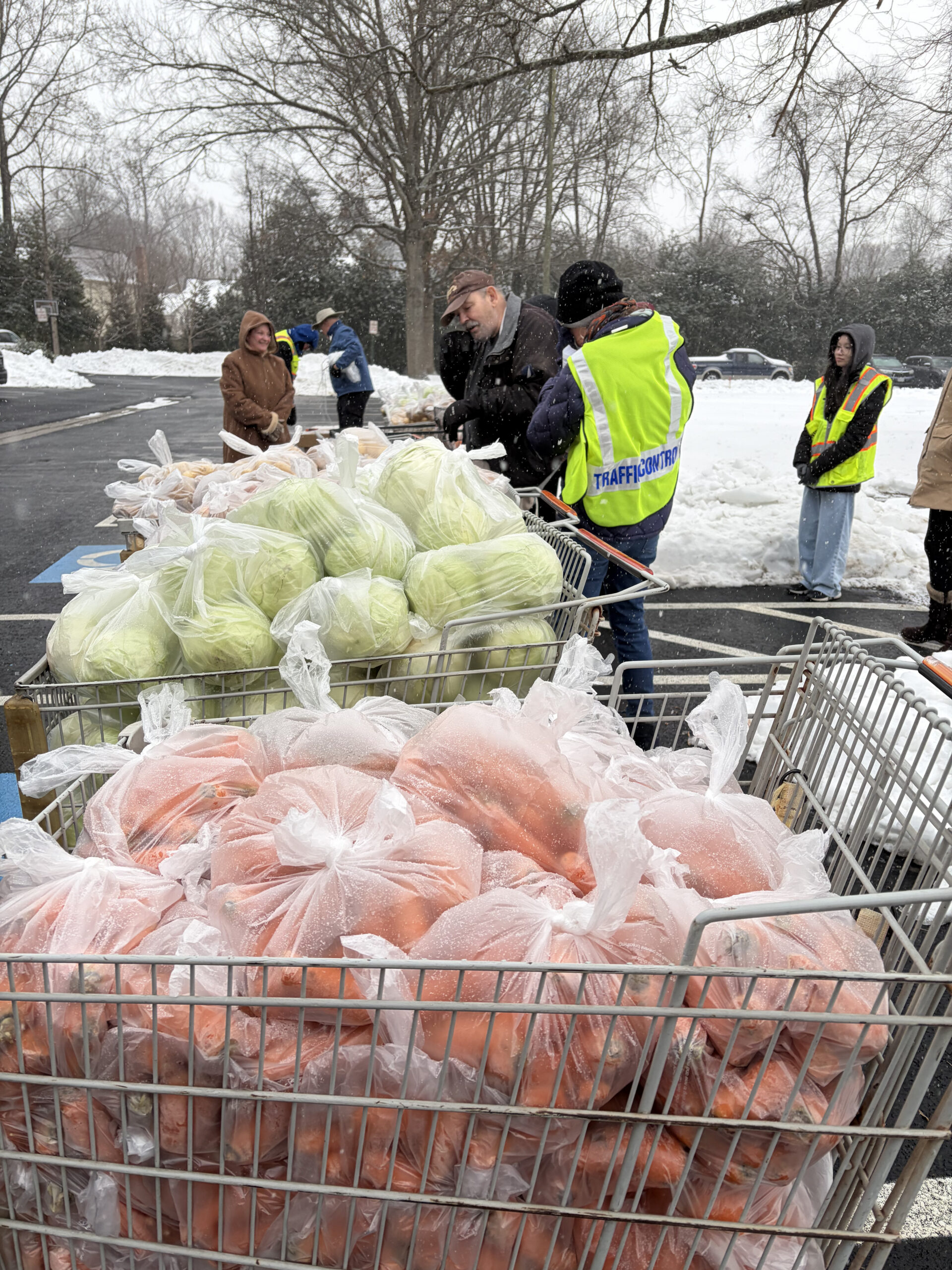 Shopping carts full of vegetables for families in need